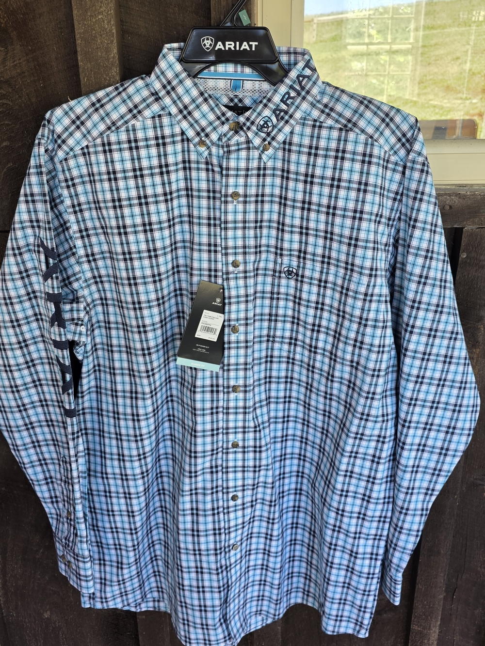 Ariat Men's Light Blue and Black Plaid Button-Down Shirt